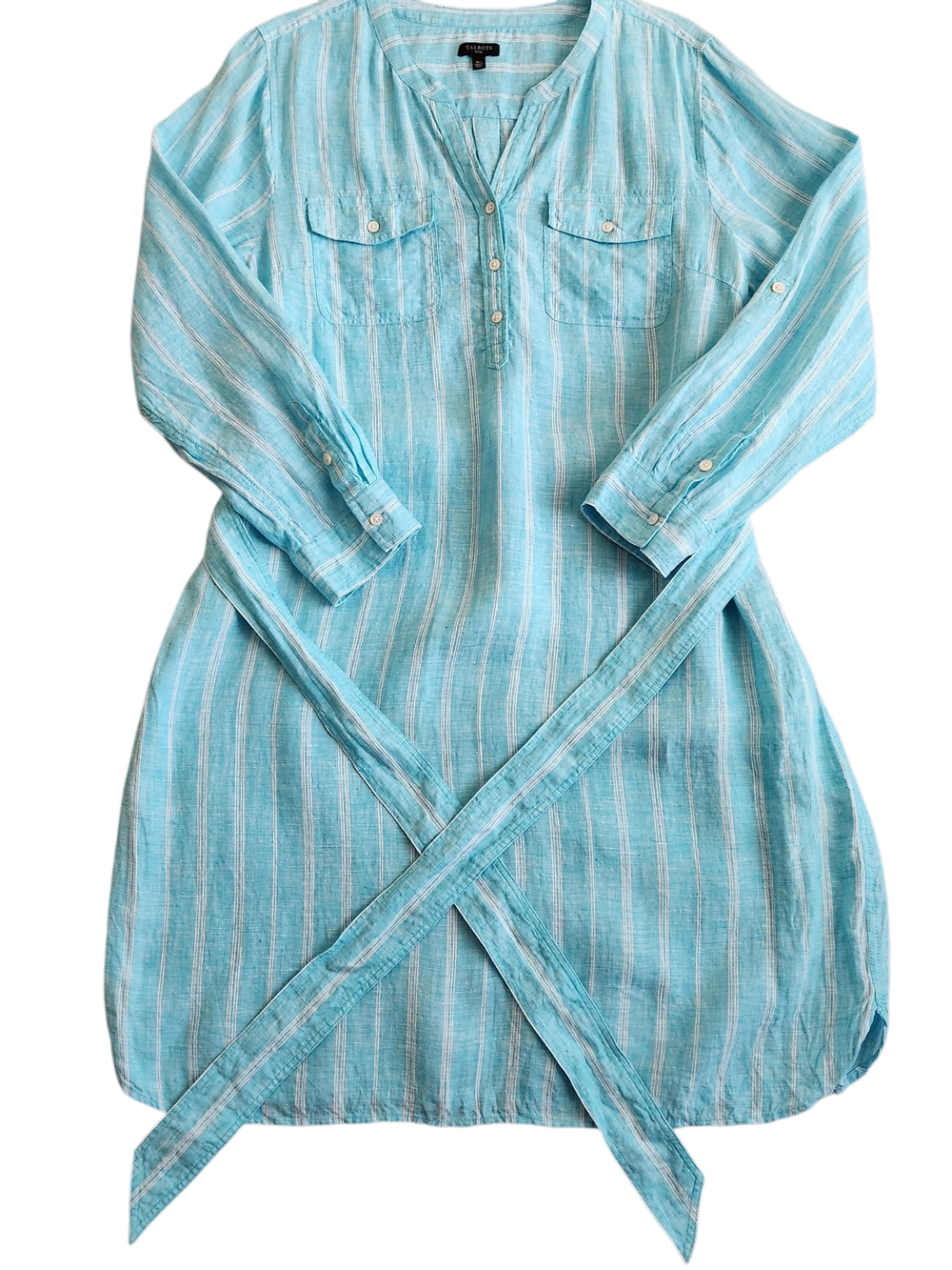 Talbots Linen Shirt Dress Women's XL Petite Blue Pockets Button Down Striped